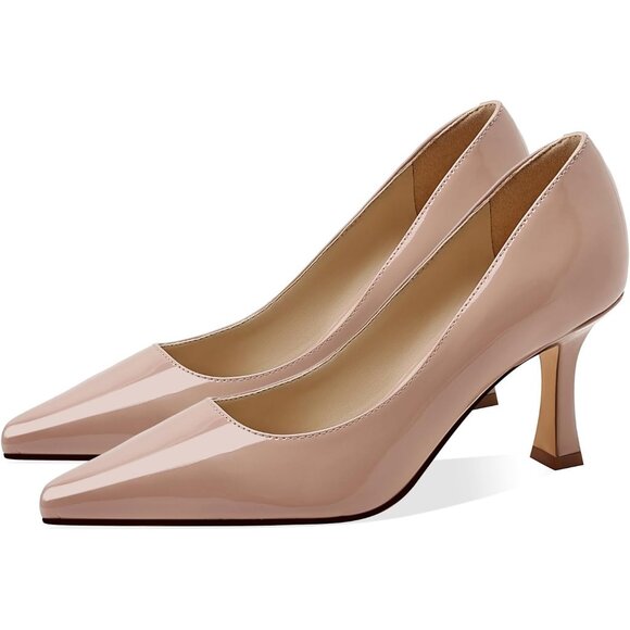 Women's Nude Patent Closed Toe High Heels Dress Pointed Toe Wedding Pump Shoes - Picture 5 of 7